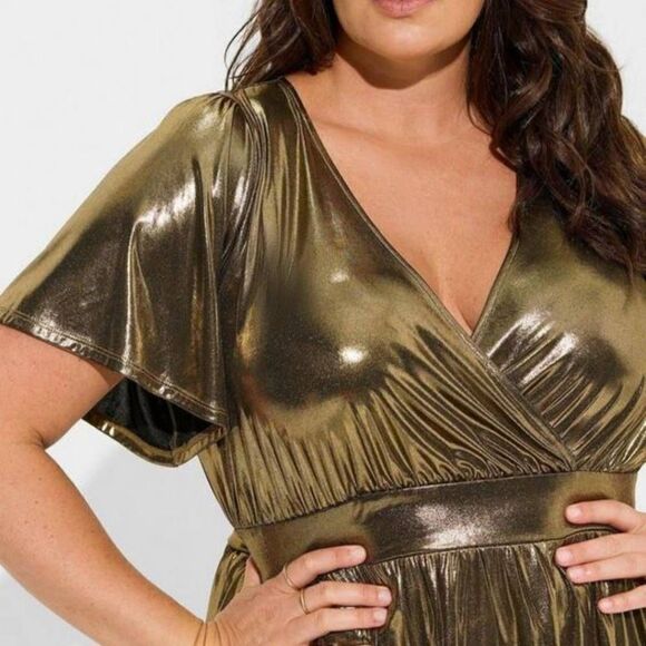 Torrid Women's Plus Size Gold Liquid Shine Surplice Peplum Top - Picture 2 of 5